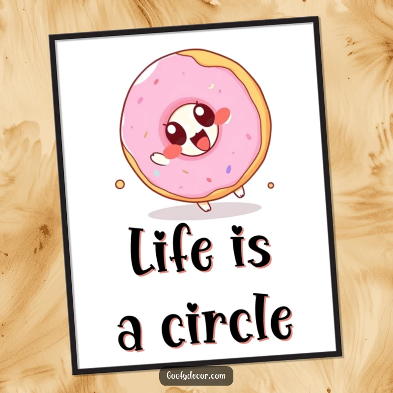 Funny Kawaii Donut Digital Art Print: High-resolution printable of a cute cartoon donut with oversized eyes joyfully attempting a somersault.