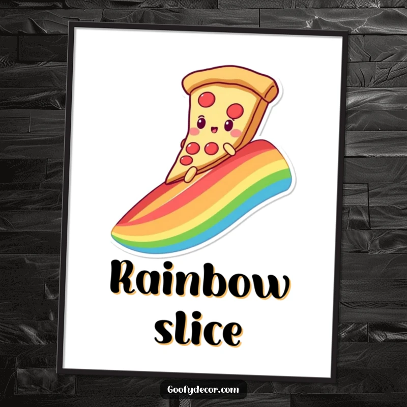 Funny digital art print of a kawaii pizza character joyfully sliding down a rainbow on its slice, adding tasty decor.