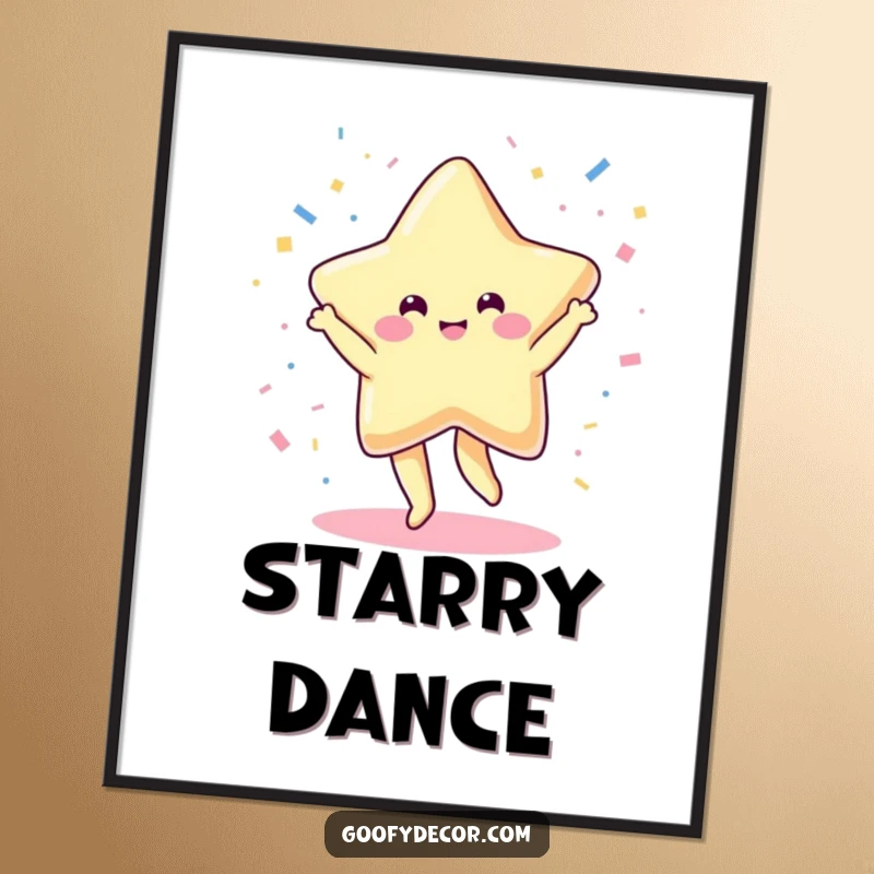 Funny digital art print of a cheerful kawaii star dancing joyfully, surrounded by a shower of confetti, radiating happiness.