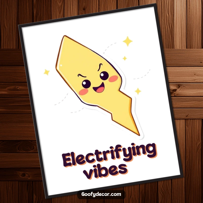 Funny lightning bolt character with mischievous grin zig-zagging in a digital art print, embodying playful energy and visual excitement.