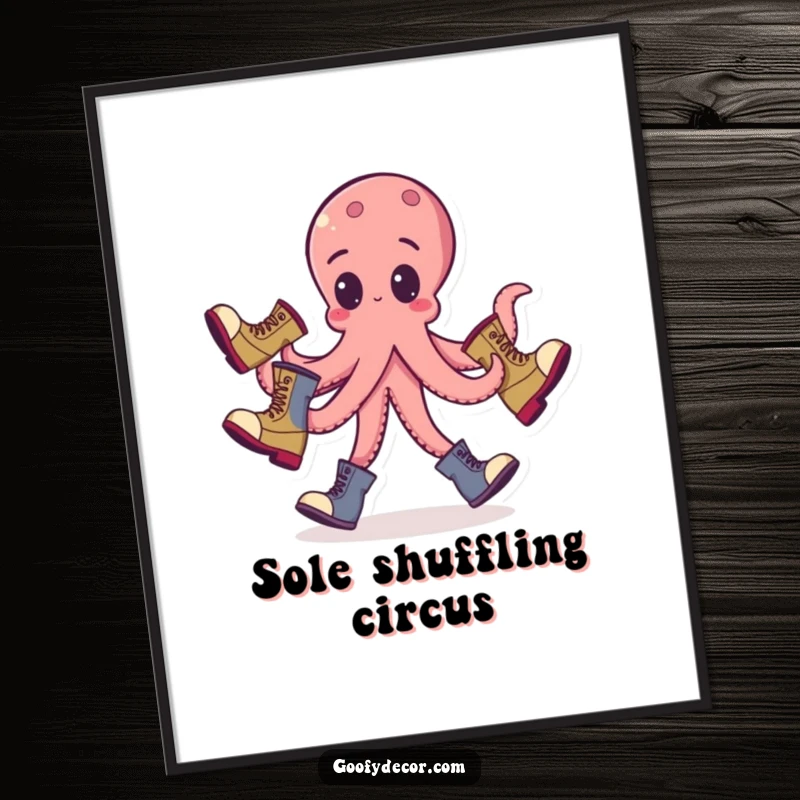 Funny octopus juggling digital art print, showing a goofy octopus tossing mismatched boots with all its might.