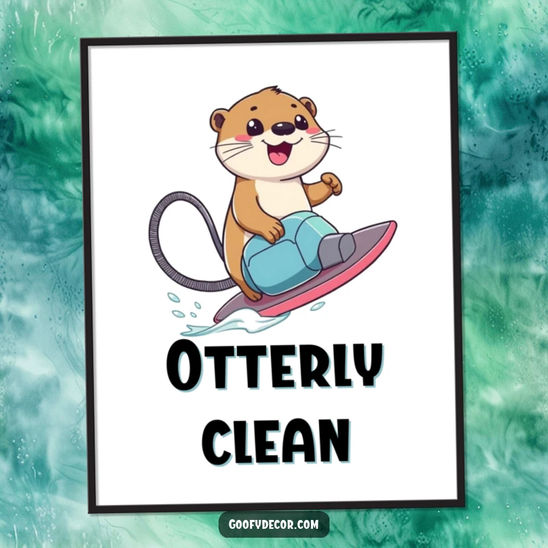 Funny Digital Art Print of a smiling otter character riding a vacuum cleaner like a surfboard, perfect for humorous decor.