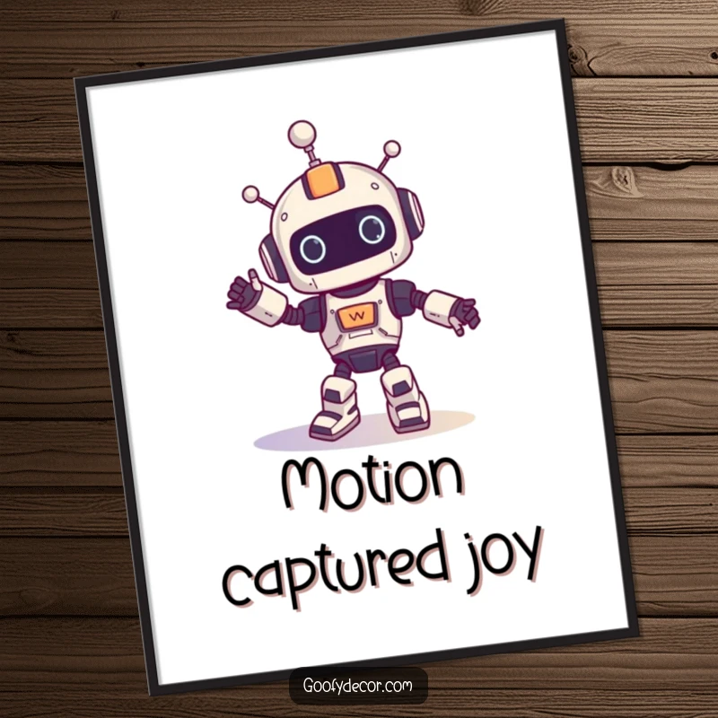 Funny digital art print of a robot character doing a hilarious spinning dance, perfect for instant decoration and cheer.
