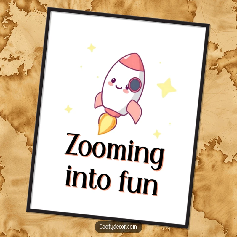 Funny digital art print of a tiny, happy rocket character zooming across a vibrant starry background, ideal for digital display.