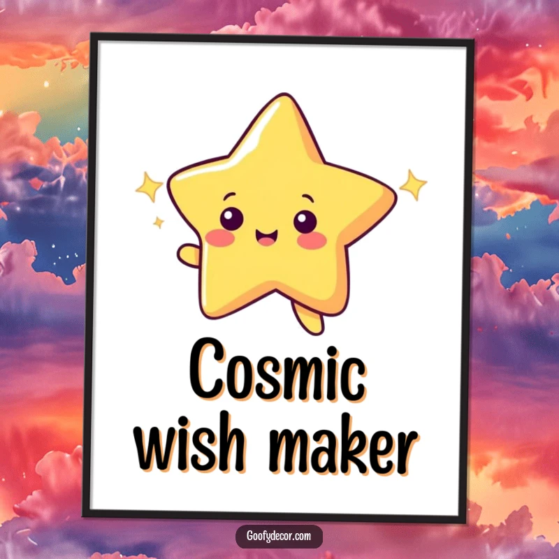 Funny digital art print of a cheerful shooting star character making a wish with a dazzling, sparkling trail.