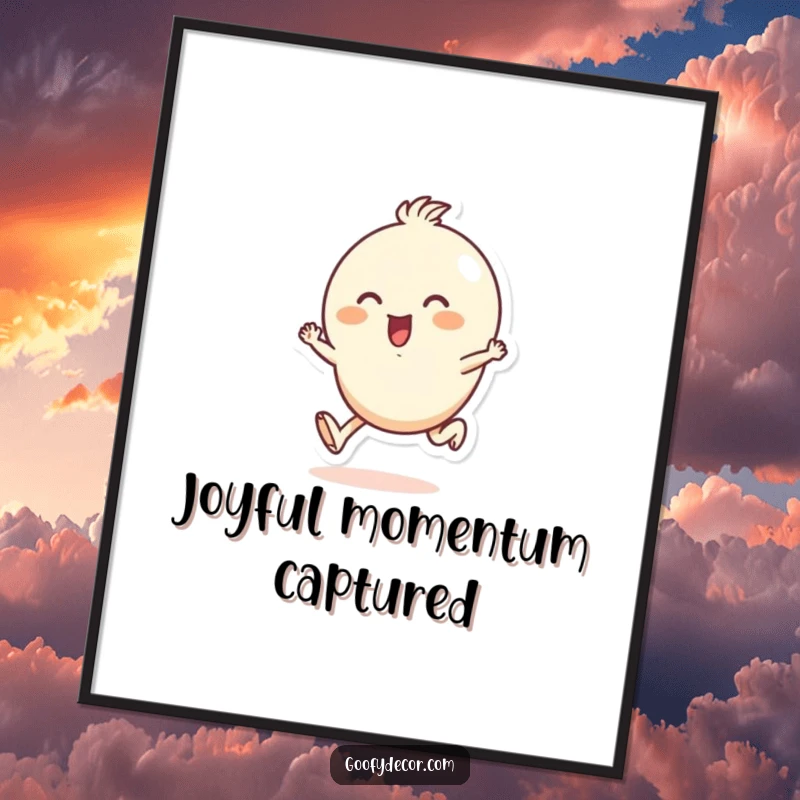 Funny digital art print of a small, round character joyfully skipping along, perfect for instant download and adding infectious happiness to walls.