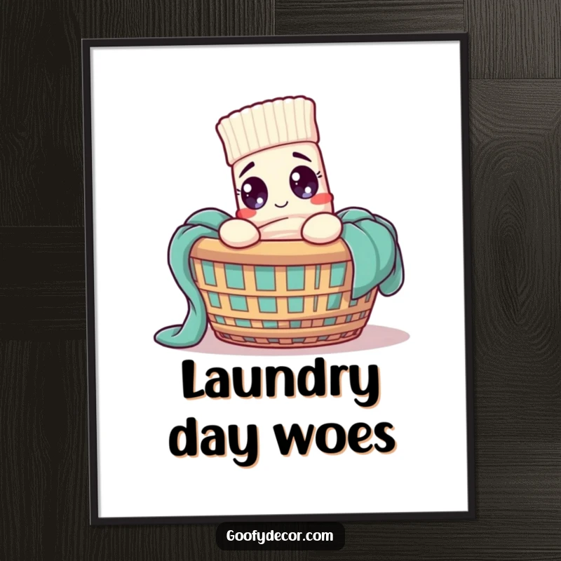 Funny sock character wide-eyed in a laundry basket, rendered as a digital art print.