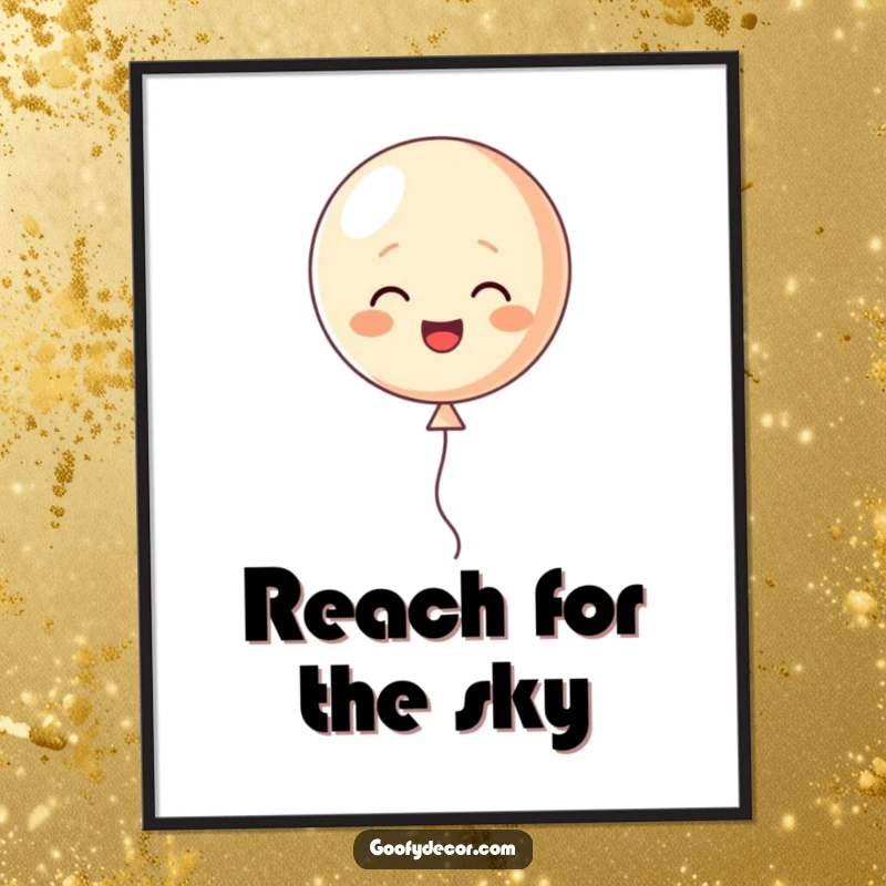 Funny digital art print of a happy little balloon character cheerfully floating upwards, for instant joyful decor.