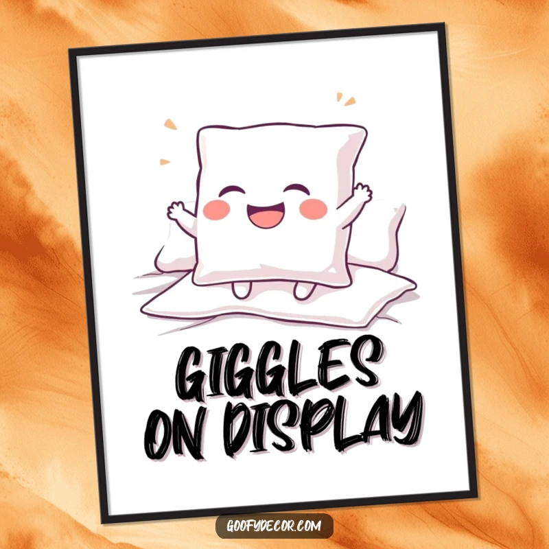 Funny digital art print of a giggling pillow character bouncing with uncontrollable mirth, bringing instant cheer and humor.