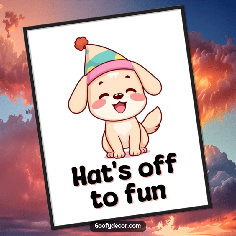 Funny Dog Digital Art: A happy dog with a wagging tail and silly hat radiates pure joy, perfect for instant wall decor.