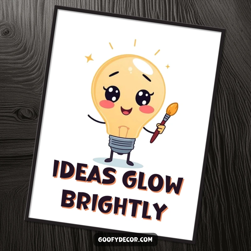 Funny digital art print of a lightbulb character holding a paintbrush, representing creativity and bright ideas for instant decor.