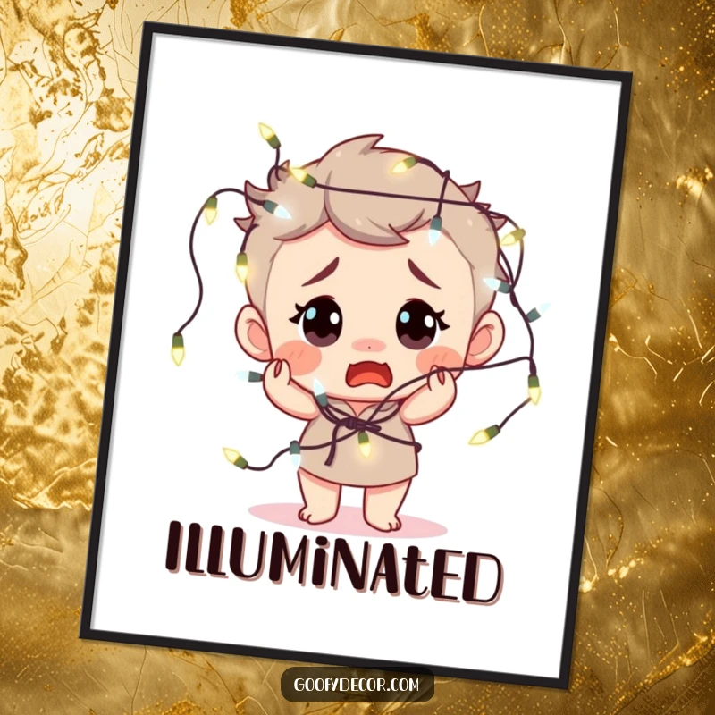 Funny digital art print of a bewildered character hilariously tangled in fairy lights, a humorous wall decor piece.