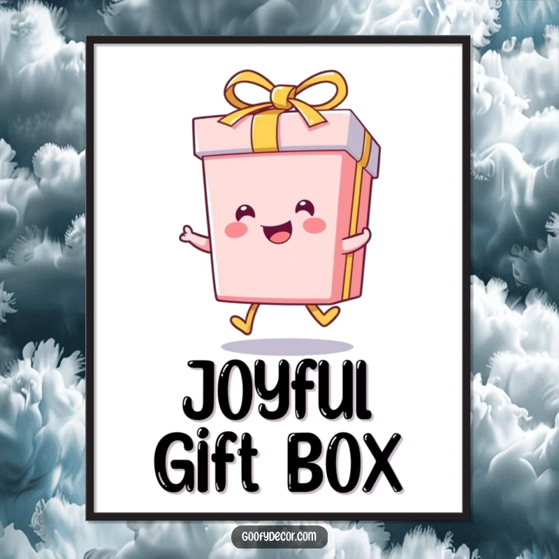 Funny kawaii smiling gift box character doing a little skip, as a digital art print.