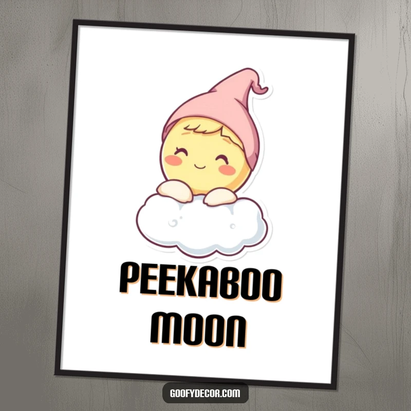 Funny digital artwork of a happy moon character wearing a sleep cap, peeking from behind a cloud.