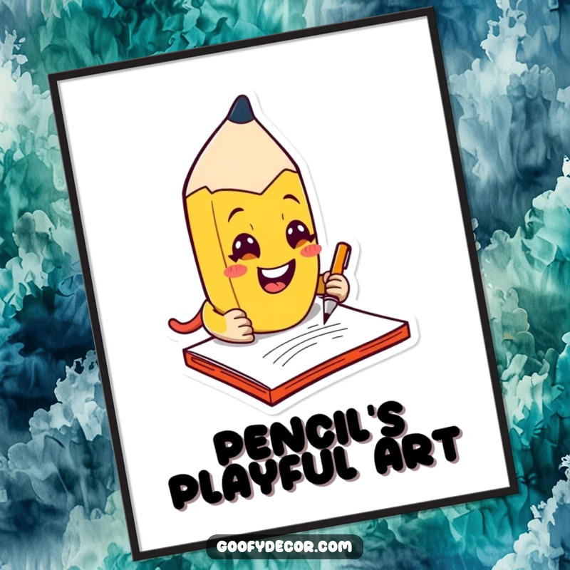 Funny kawaii mischievous pencil character scribbling with a grin, as a digital art print.
