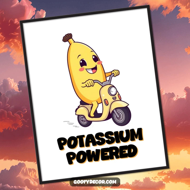 Funny digital art print of a grinning banana character riding a tiny scooter, radiating pure, humorous energy.