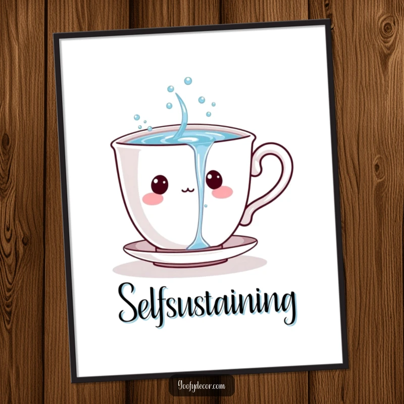 Playful teacup character pouring a stream of sparkling water, as digital art print.