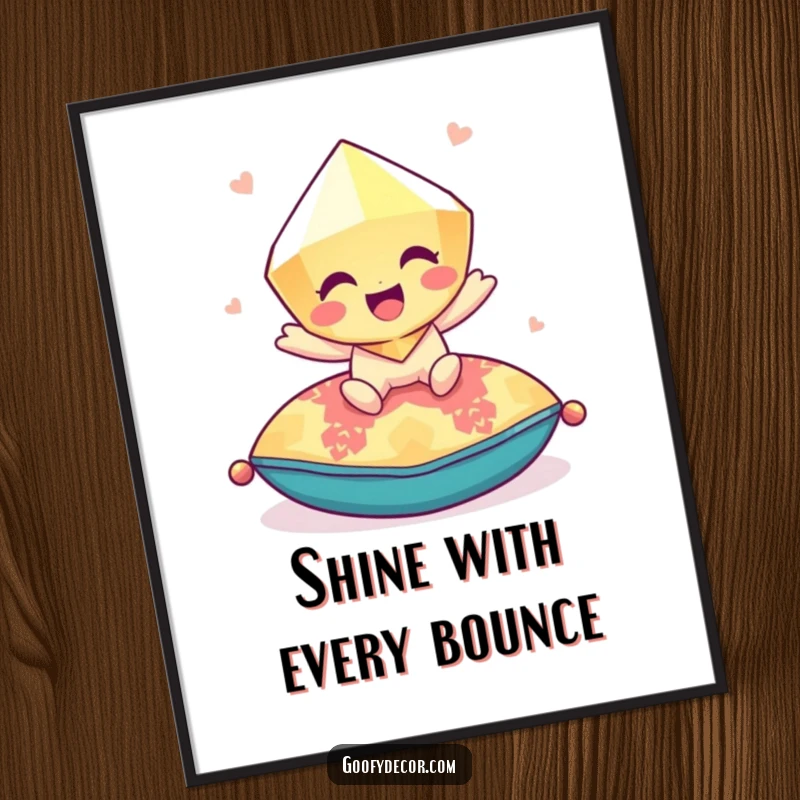 Funny giggling gem character bouncing playfully on a colorful cushion, offered as a downloadable digital art print for instant playful decor.
