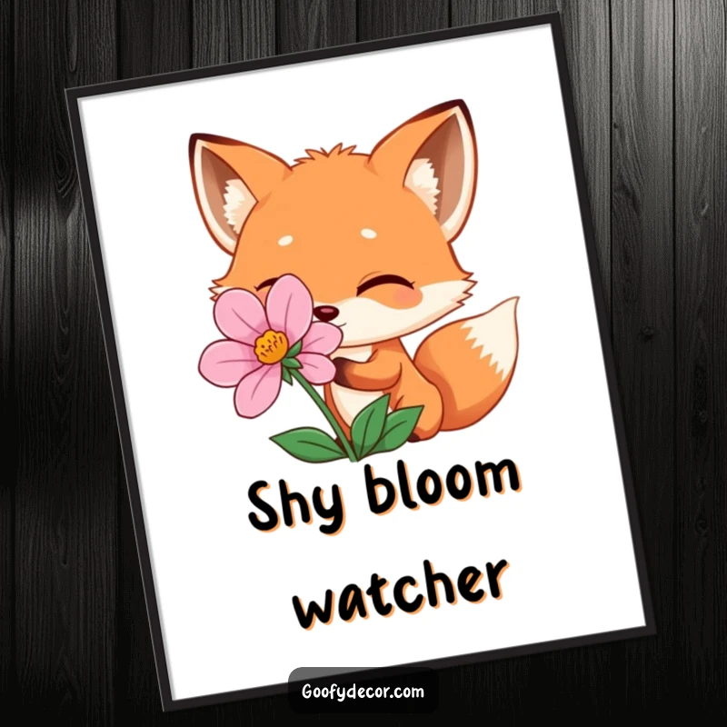Funny winking fox peeking from behind a flower, as a digital art download, ready to print for humorous decor.