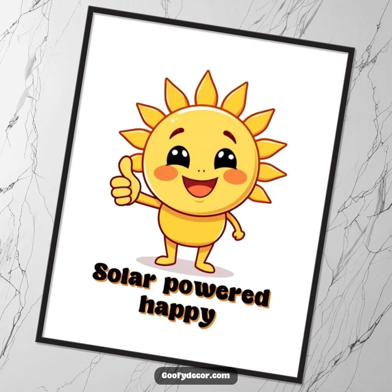 Funny joyful sun character with beaming rays giving a thumbs up in a digital art print, radiating warmth and cheerful positivity.