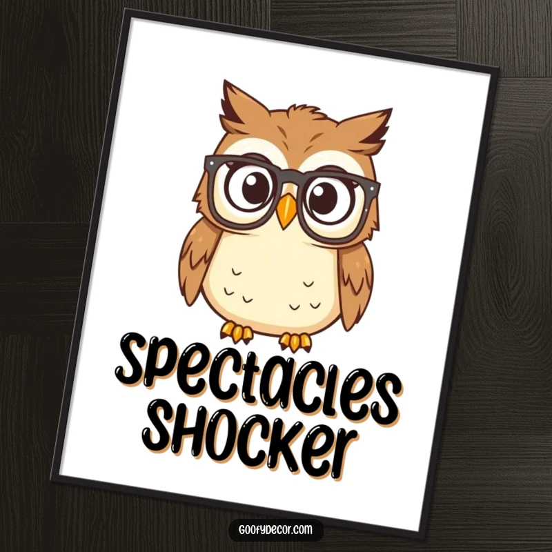 Funny owl wearing reading glasses, looking surprised, displayed as a digital art print for instant decor.