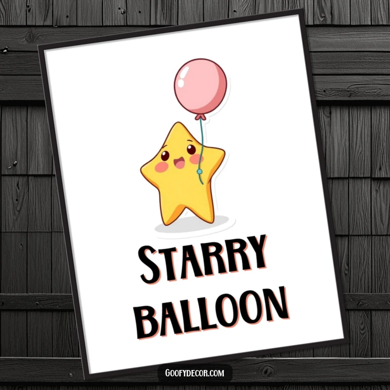 Funny bouncing star character playing with a colorful balloon, a high-quality digital art print.