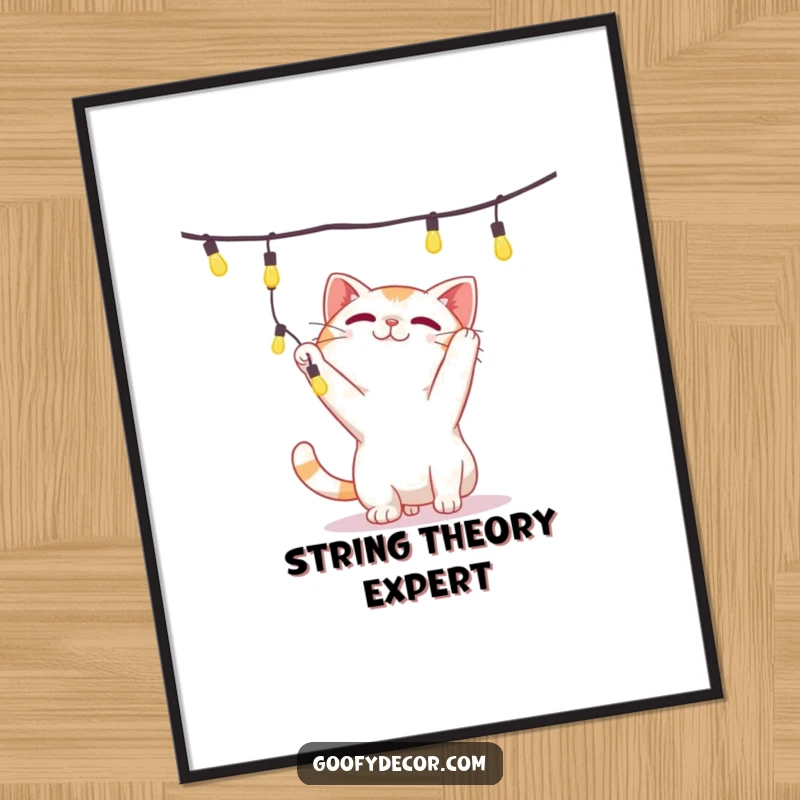 Funny digital art print of a playful cat character batting at a string of illuminated lights, ideal for digital display.