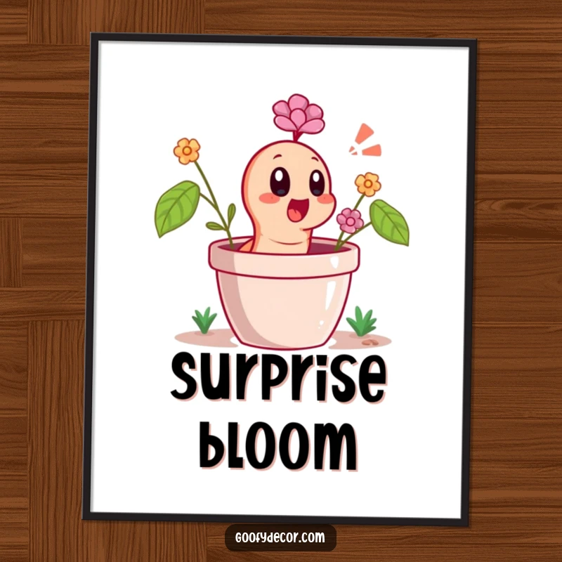 Funny Digital Art Print of a cheerful worm character popping out of a flower pot with a surprised gasp, ideal for decor.