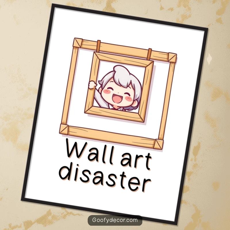 Funny Crooked Picture Digital Art Print of a delighted character humorously hanging a crooked picture, suitable for instant download.