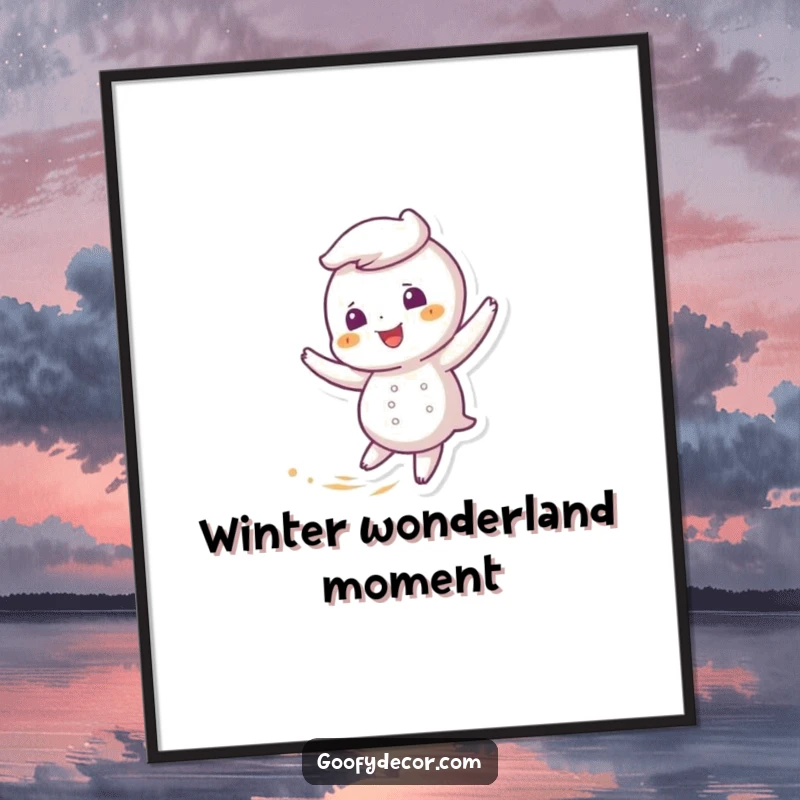 Funny digital art print of a giggling snowflake character merrily twirling in a gentle, frolicking breeze.