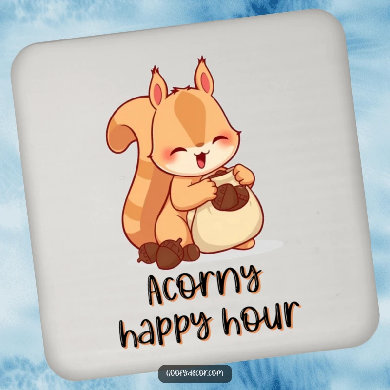 Funny Squirrel Drink Coaster featuring a happy squirrel stuffing acorns into a tiny bag, adding a humorous and prepared touch.