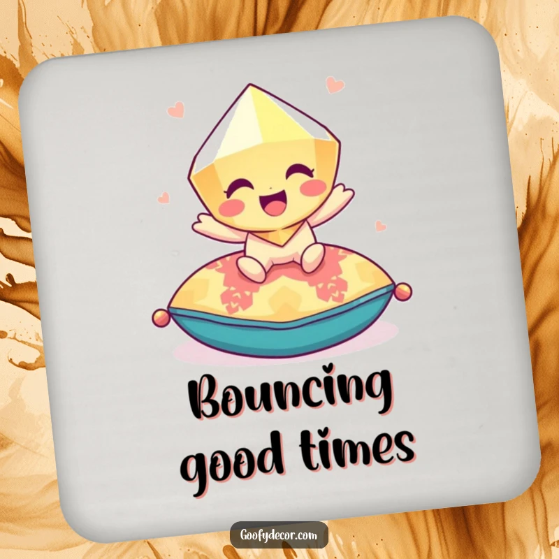 Funny giggling gem bouncing playfully on a colorful cushion on a drink coaster, adding playful flair and surface protection.