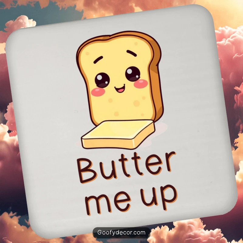 Funny drink coaster with a cheerful toast character sliding on butter, protecting surfaces with breakfast humor.
