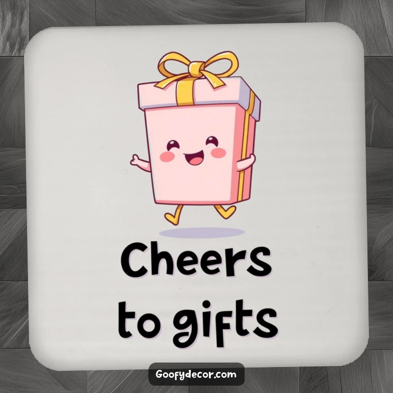 Funny kawaii smiling gift box character doing a little skip, designed on a protective drink coaster.