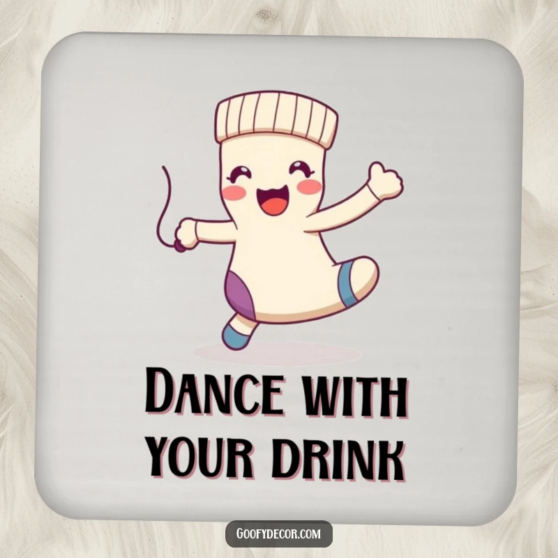 Funny kawaii happy sock character doing a playful dance with a dangling string, designed on a protective drink coaster.