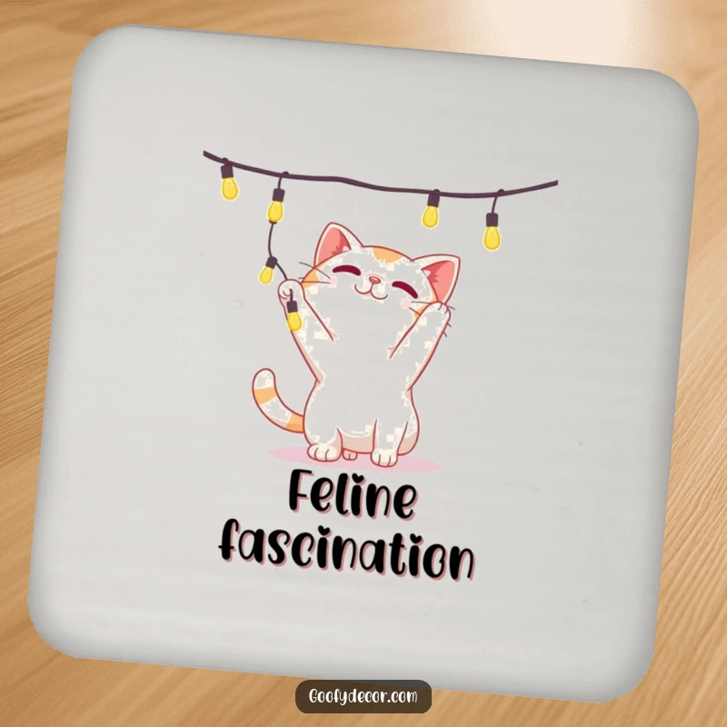 Funny coasters featuring a playful cat character batting at a dangling string of lights, offering stylish surface protection.