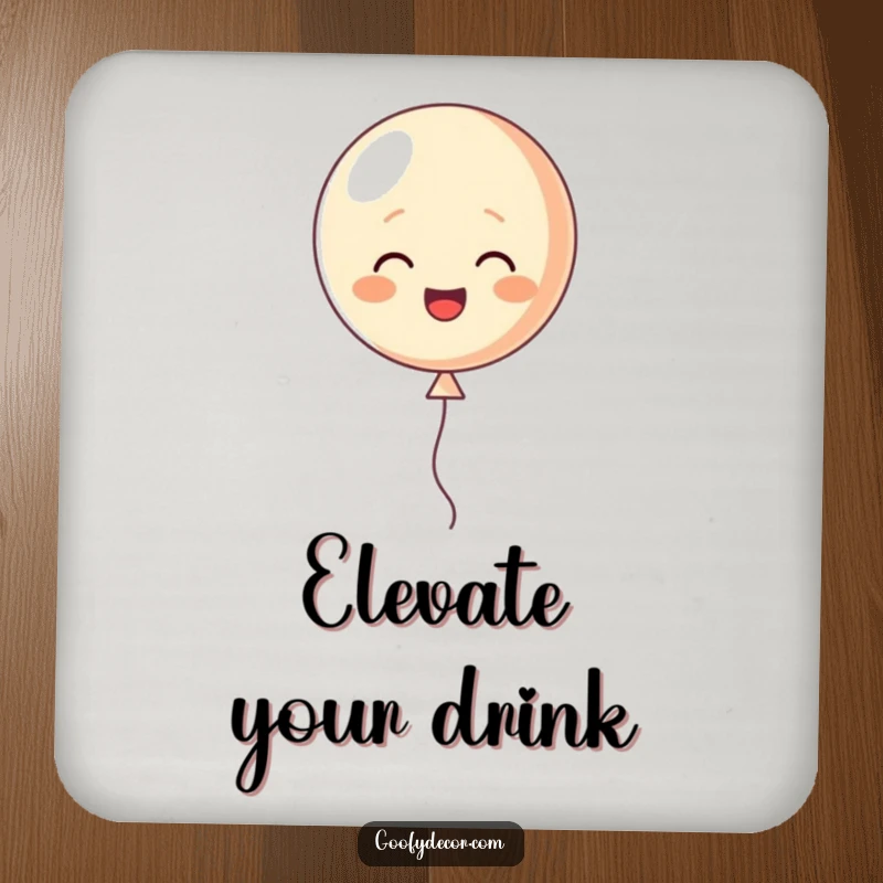Funny coaster featuring a happy little balloon character cheerfully floating upwards, protecting surfaces with joy.