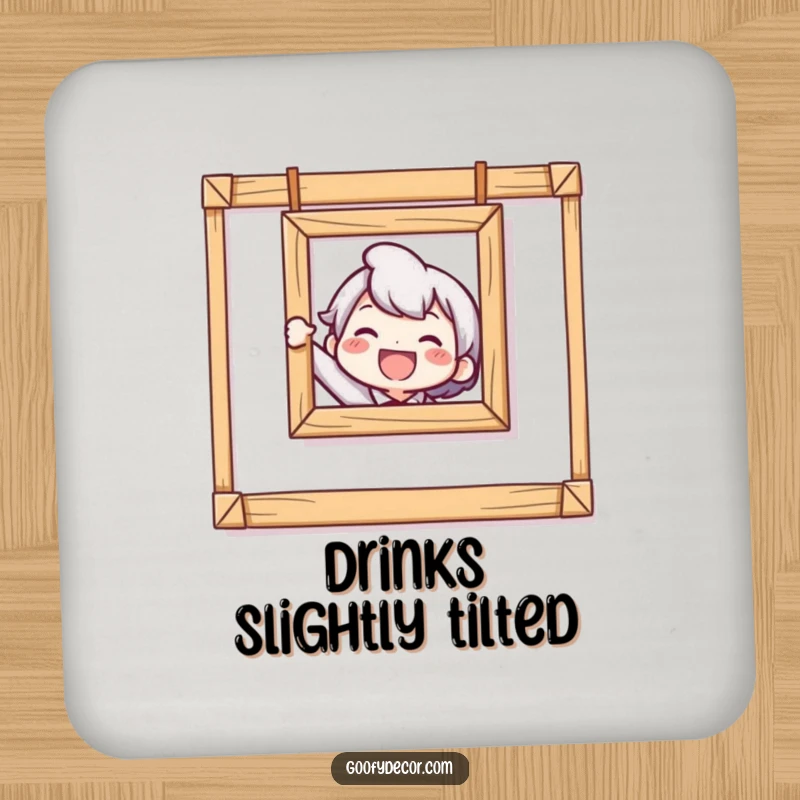 Funny Crooked Picture Coaster featuring a delighted character's attempt at hanging a picture, protecting surfaces with humor.
