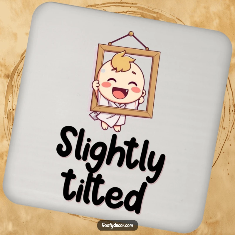 Funny coaster showing a delighted character attempting to hang a crooked picture, a humorous table accessory.
