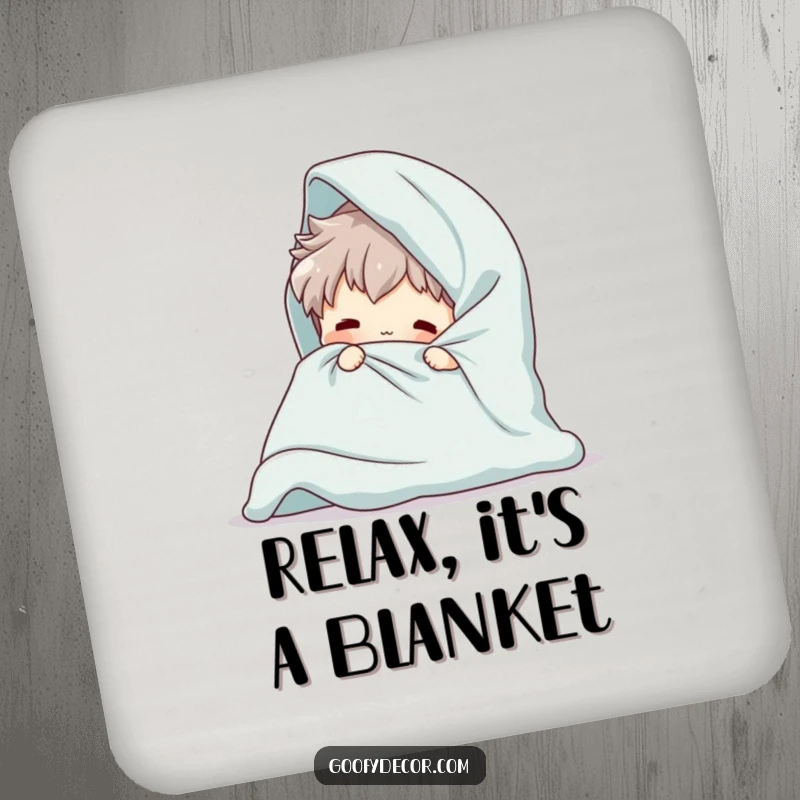 Funny Giant Blanket Coaster featuring a playful character hilariously struggling with an oversized blanket, protecting surfaces with humor.