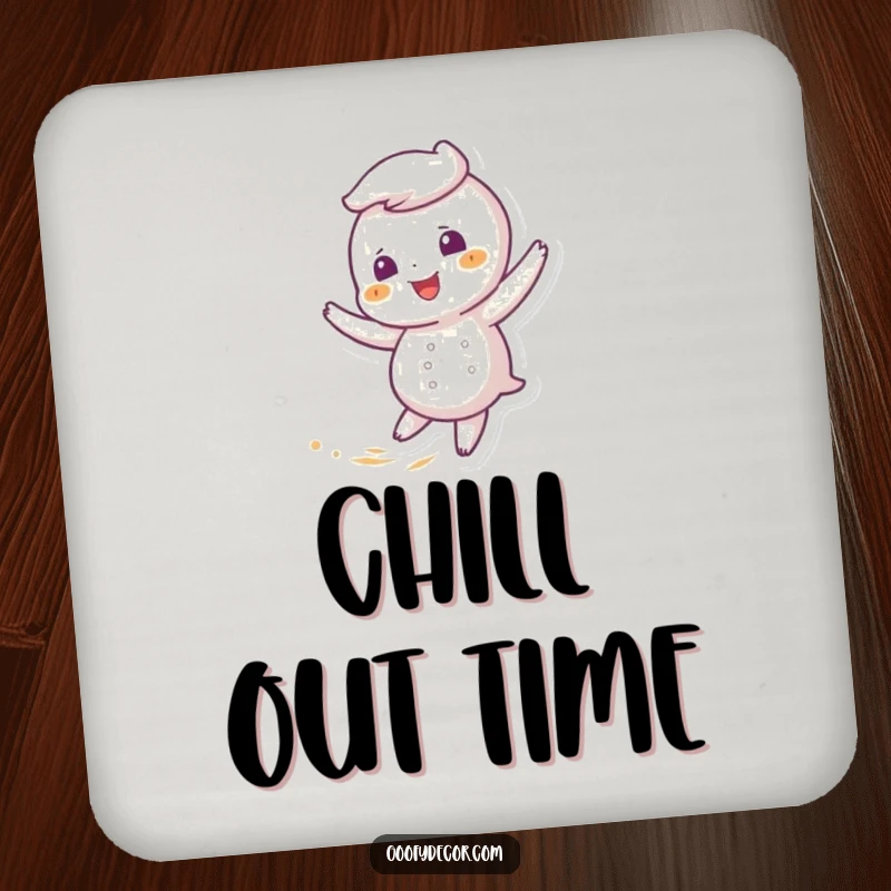 Funny drink coasters set with a giggling snowflake character joyfully twirling in a soft, gentle winter breeze.