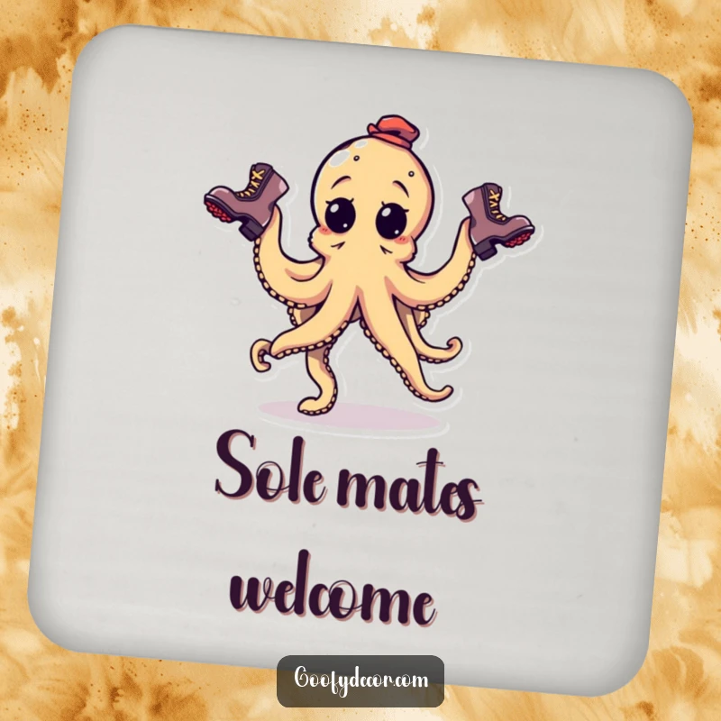 Funny goofy octopus character juggling three mismatched boots on a drink coaster, ideal for humorous decor.