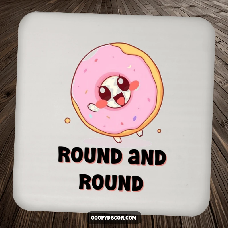Funny Kawaii Donut Drink Coaster: Protective coaster featuring a cute cartoon donut joyfully attempting a somersault, adding sweet charm.