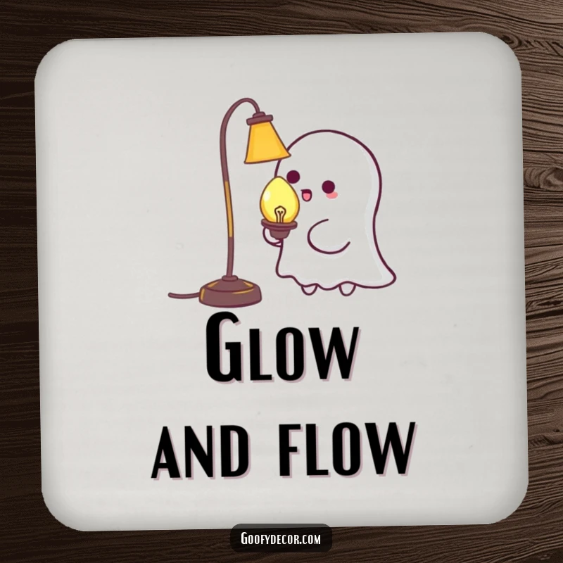 Funny Kawaii Ghost Tickling Lamp Coasters: Set of coasters with a cute ghost playfully tickling a lamp, protecting surfaces with humor. A practical funny gift.