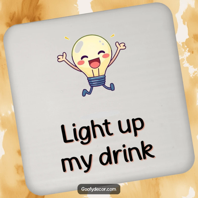 Funny kawaii lightbulb character performing a joyous leap, designed on a protective drink coaster.
