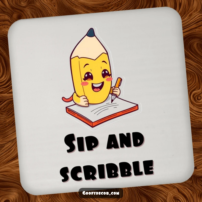 Funny kawaii mischievous pencil character scribbling with a grin, designed on a protective drink coaster.