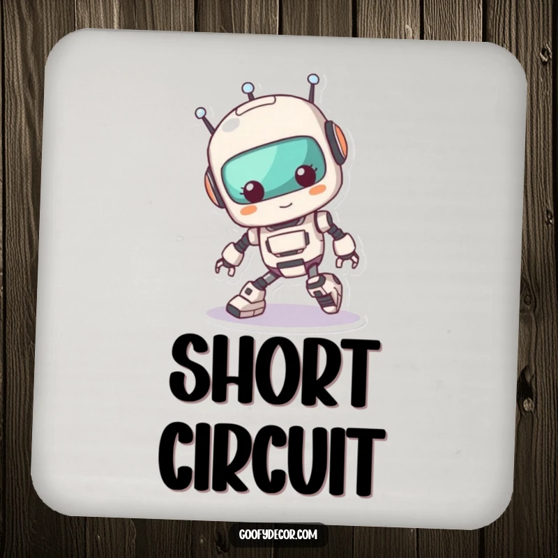 Funny Kawaii Robot Tripping Coasters: Set of coasters with a cute robot comically tripping over its feet, protecting surfaces with humor. A practical funny gift.