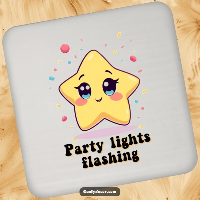 Funny Kawaii Star Drink Coaster featuring a wide-eyed kawaii star character playfully catching falling confetti, adding a festive touch to your table.