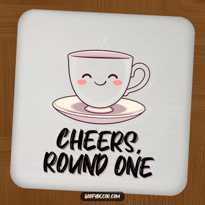 Funny Kawaii Teacup Drink Coaster featuring a smiling kawaii teacup character happily spinning on its saucer, adding whimsy to your drinks.