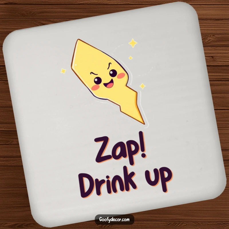 Funny lightning bolt character with mischievous grin on a drink coaster, protecting surfaces from spills with a playful design.